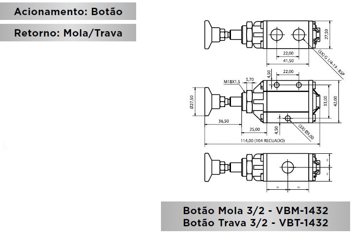 Botão Trava 1/4X5/2vias